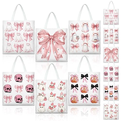Kosiz 6 Pcs Halloween Tote Bags Bulk Pink Ghost Tote Reusable Trick or Treat Goodie Bags Cute Ghost Canvas with Handles for Halloween Bow Pumpkin Canvas Supplies Shopping Party Favors