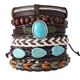 JAVMOO Boho Bracelets for Men Women Leather Wooden Pirate Baracelet Turquoise Bohemia Wrap Hemp Cords Boho Multilayer Woven Wood Beads Wristbands