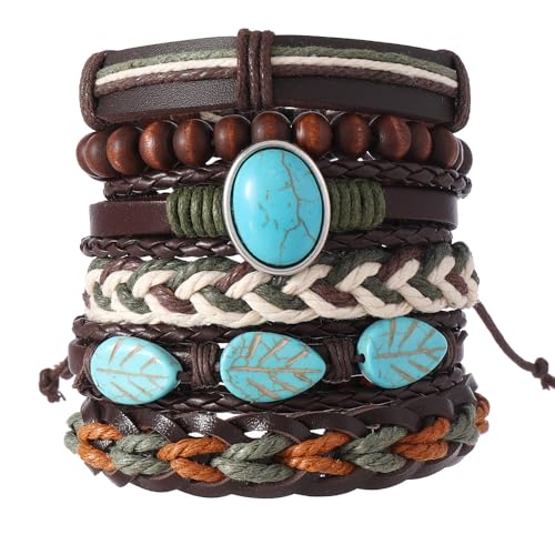 JAVMOO Boho Bracelets for Men Women Leather Wooden Pirate Baracelet Turquoise Bohemia Wrap Hemp Cords Boho Multilayer Woven Wood Beads Wristbands