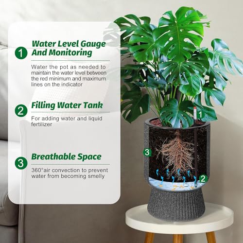 14 Inch Plant Pots, Self Watering Planters Set of 2 with Drainage Holes, Self Watering Pots for Indoor Plants, Flower Pots with Water Level Monitor, for Patio, Porch, Living Room, Office,Marble Black by Garvee - Used condition - Image 4