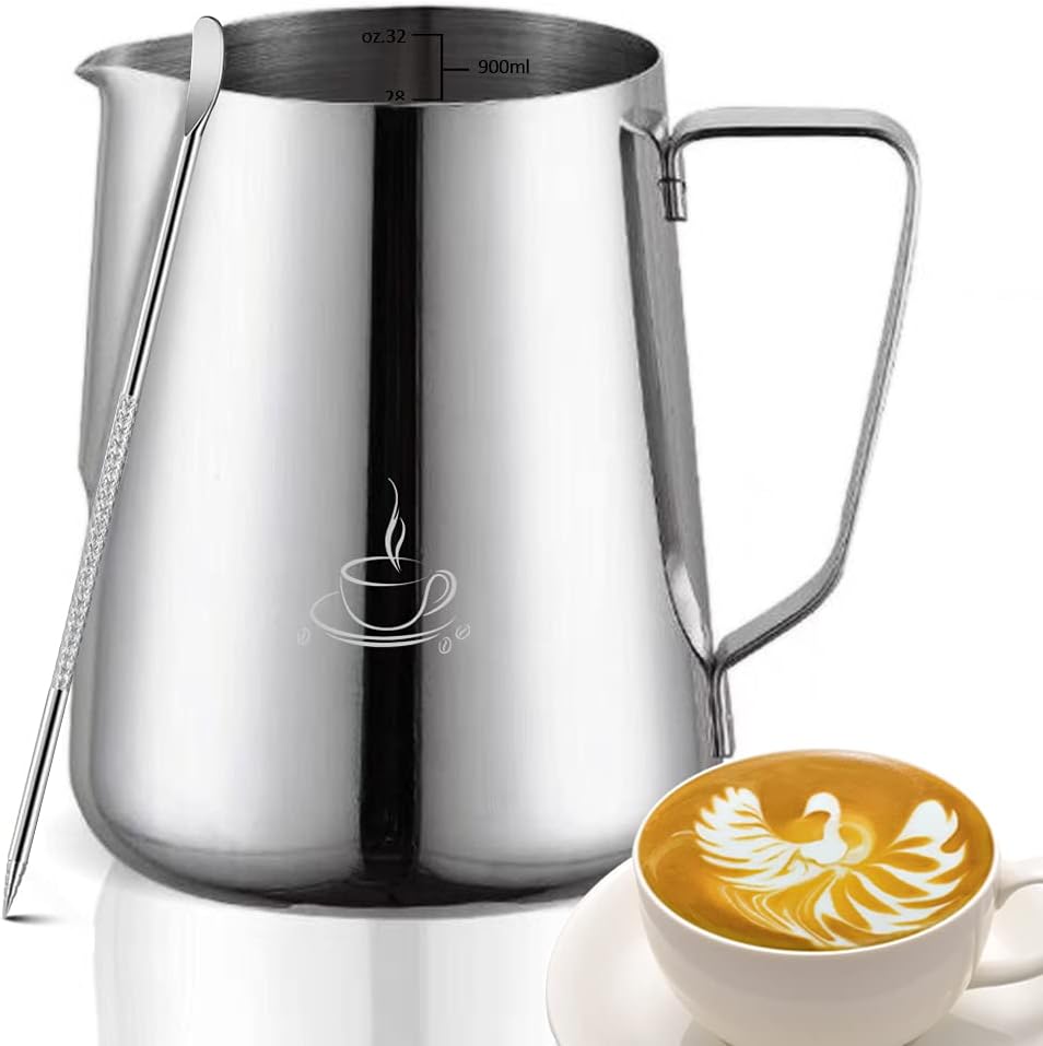 Milk Frothing Pitcher - Milk Frother Pitcher 、Milk Pitcher 、Milk Steaming Pitcher 、Espresso Milk Frothing Pitcher. Stainless Steel Milk Frothing Pitcher With Latt Art Pen(30oz)