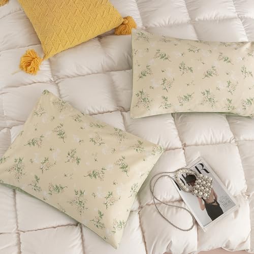 Image of ECOCOTT 2 Pack Pillowcase Standard Size, Green Floral Pillow Cases Set - 100% Cotton Pillow Covers with Envelope Closure (Standard, 20 inchx26 inch)