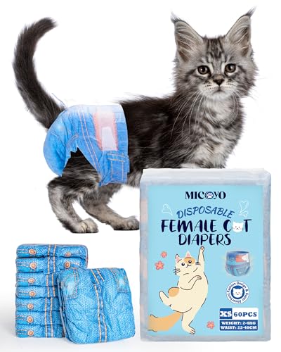 Image of MICOOYO Disposable Cat Diapers, Cat Diapers for Female Cats with Ultra Stretchy, Puppy Diaper Super Absorbent, Fit for Cats in Heat or Incontinence, 60 Count Extra Small Size