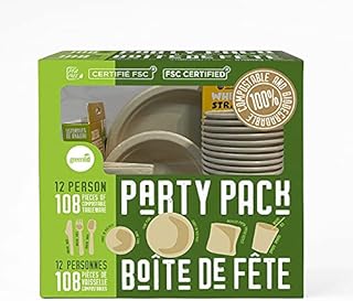 Greenlid 12 Person Compostable Eco-Friendly Disposable Party Pack, Tableware 108 Pieces | All Natural, Plant Based, 100% Compostable and Biodegradable Party Supplies Made From Organic Wheat Plant Fibres, Bamboo & Birch | Includes Biodegradable, Plates, Bowls, Cutlery, Cups, Straws & Napkins