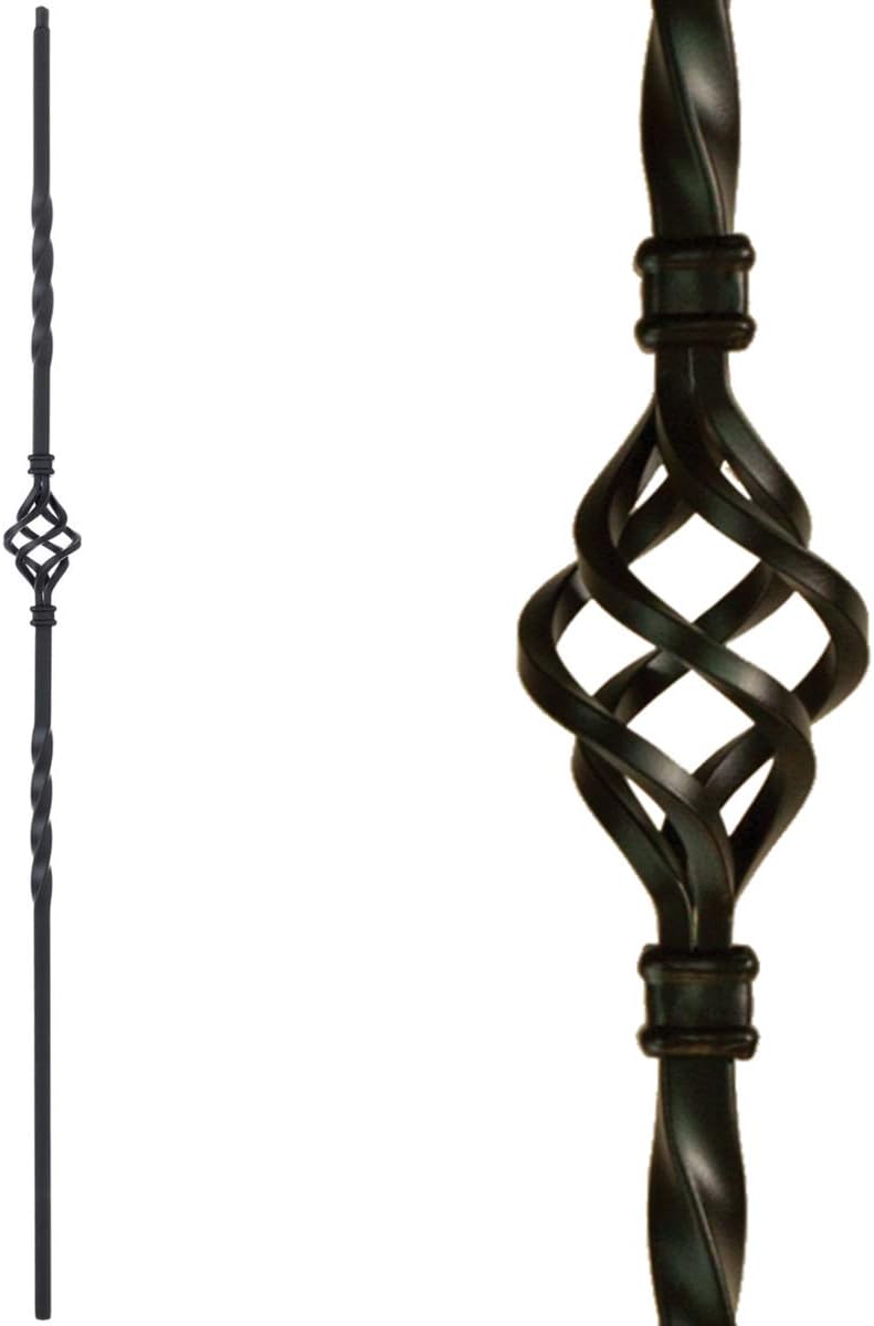 Stair Railing Iron Balusters (Contractor Pack of 5) Single Basket Stair Metal Balusters - 1/2" Single Basket Iron Spindles (Real Satin Black not Matte or Flat Color)