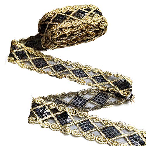 YXJDWEI 10 Yards Einfassborte Spitze mit Pailletten Lace Borte Band Applikation 9m x 5cm für DIY Kleidung Gardine Vorhang Tischläufer Deko Schwarz Gold Cover