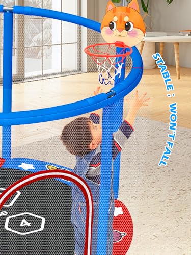 Image of BLUERISE 55IN 6FT Indoor /Outdoor Toddler Trampoline for Kids | Galvanized Steel Pipe，Multiple Activity Accessories，110lb，Safety Enclosure，Basketball Hoop，No-Gap Design，Anti-Rollover Bottom