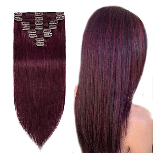 MY-LADY Clip in 100% Remy Human Hair Extensions #99j Wine Red 8 -24  Grade 7A Quality Full Head 8pcs 18clips Long Soft Silky Straight for Women Fashion 20    20 inch 105g