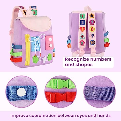 Image of Busy Board - Toddler Backpack with Buckles and Learning Activity Toys - Develop Fine Motor Skills and Basic Life Skills - Learn to Tie Shoes - Children's Travel Toy (Purple)