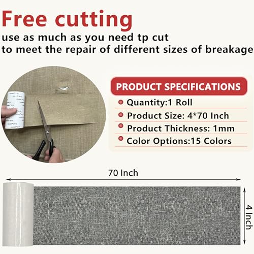 Gheeidau Linen Repair Tape 4x70 Inch Self-Adhesive Couch Patch Repair Fabric Patch for Furniture,Sofas,Cushion,Chairs,Bags,Linen Goods(Grey)