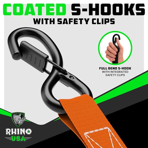 Image of Rhino USA Ratchet Straps Tie Downs (4-Pack) - 1 Inch x 15 Feet (1,823lb Break Strength) - Ultimate Tie Down Straps with Safety S Hooks - for Trucks, Cargo, Moving, Appliances - Orange