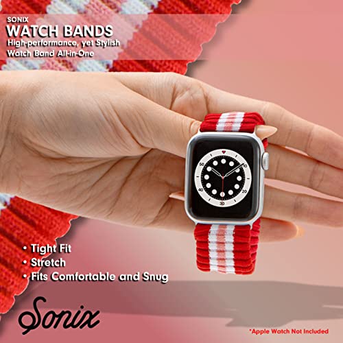 Image of Sonix Knit Watch Band Compatible with Apple Watch | Stretch Ribbed Knit, Stylish, Sporty | 41mm /40mm /38mm, Series 9 /8 /7 /6 /5 /4 /3 /2 /1 /SE | Varsity Red + Pink Stripe