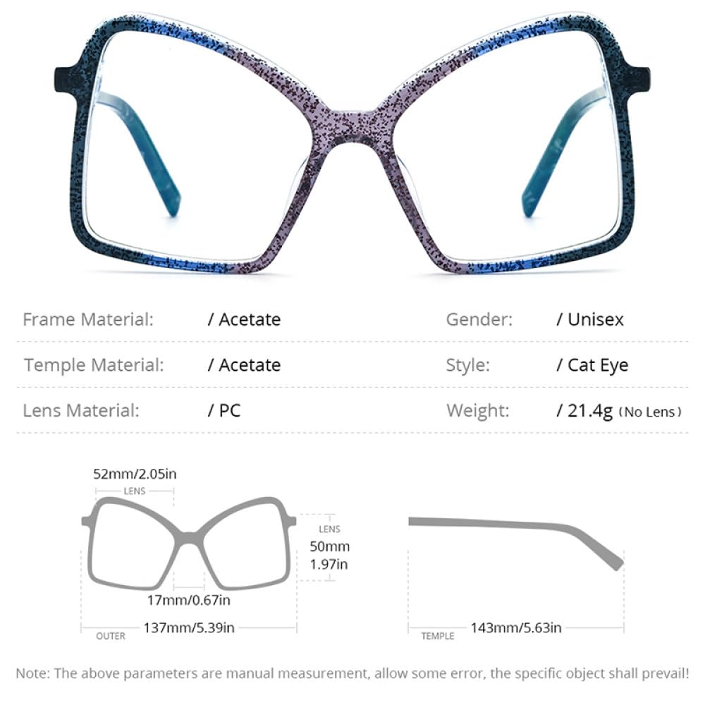 MUTYNE Mehrfarbige Acetat-Brillengestelle für Damen, Supergröße, Cat-Eye-Brillen, Brillen