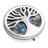 Luck Trader Portapillole rotondo con vera conchiglia di abalone paua, motivo albero della vita celtico, colore argento, 3 scomparti