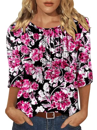 KISSMODA Tunic Tops for Women Loose Fit Dressy Round Neck Pleated 3/4 Length Sleeve Spring Tops