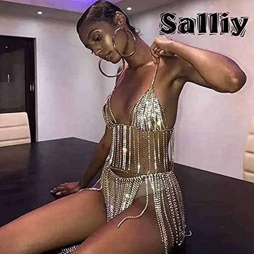 Salliy Boho Physique Chain Bra Gold Attractive Rhinestone Bikini Bra Physique Halter Backless Sequins Chain Bra Seaside Physique Equipment Jewellery for Girls and Ladies (Gold Crystal Jacket) 5 51FpO2zIzYS. AC