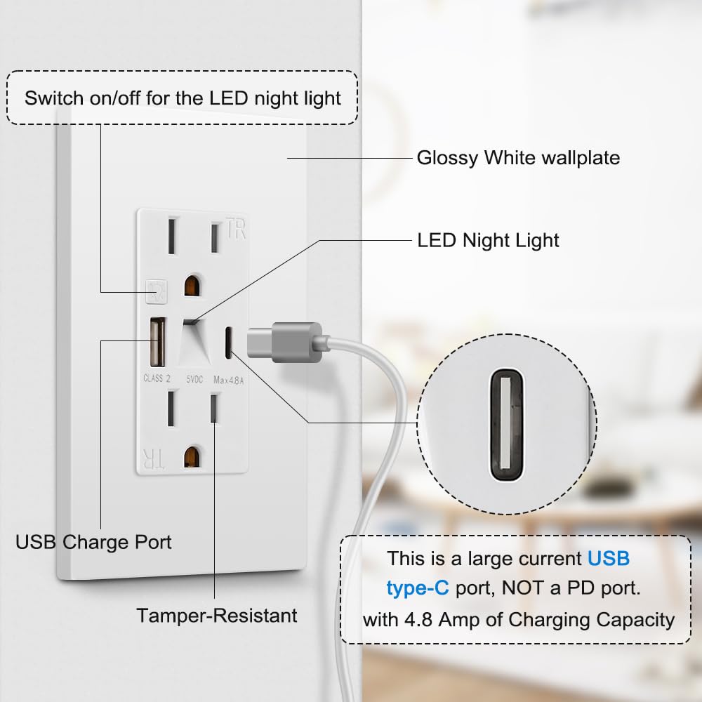 New Generation USB Outlet with LED Night Light (Manual), 5V 4.8A Tamper-Resistant USB Wall Outlets Receptacles with Type A & Type C Ports, Wallplate Included, ETL Listed, White (10 Pack)