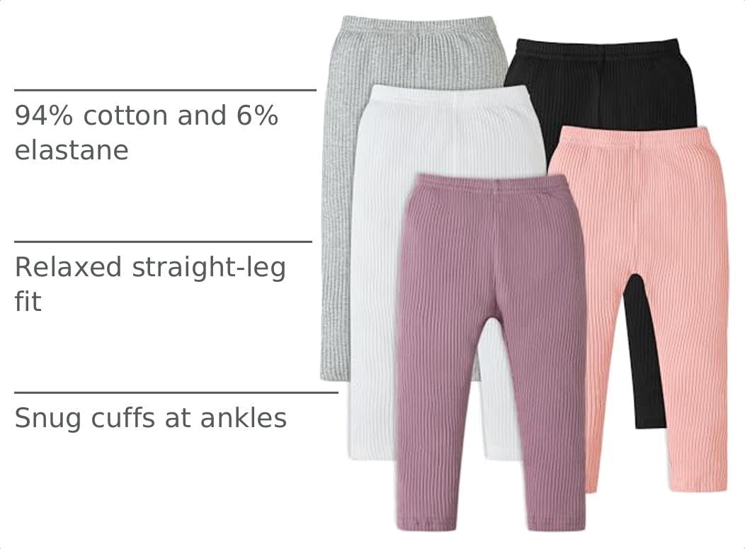 5 Pack Baby Girl Pants: Infant Solid Ribbed Pants Soft Cotton Pull On Leggings for Toddler 0-48 Months