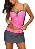 Lovezesent Women Color Block Push Up Ruched Tankini Swimsuits with Skirt Bottom