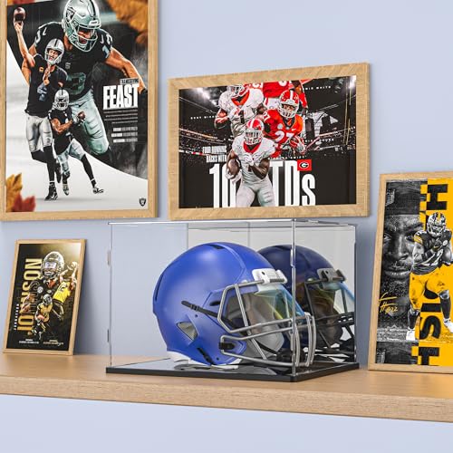 Image of Football Helmet Display Case, Clear Acrylic Display Box for Full Size Football & Baseball Helmets, Mirrored Back & Bottom, Black Base, Dust-Resistant Showcase, 14.9 inch x 11.8 inch x 11.8 inch
