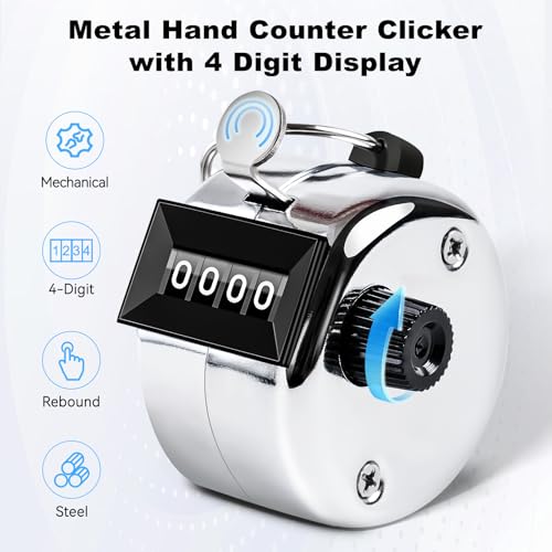 Anyongora Clicker Counter, Metal Hand Tally Counter Clicker with 4 Digit Display, Pitch Counter for Golf Stroke, Baseball, Coaching, Knitting, Lap, Row Sport, Silver