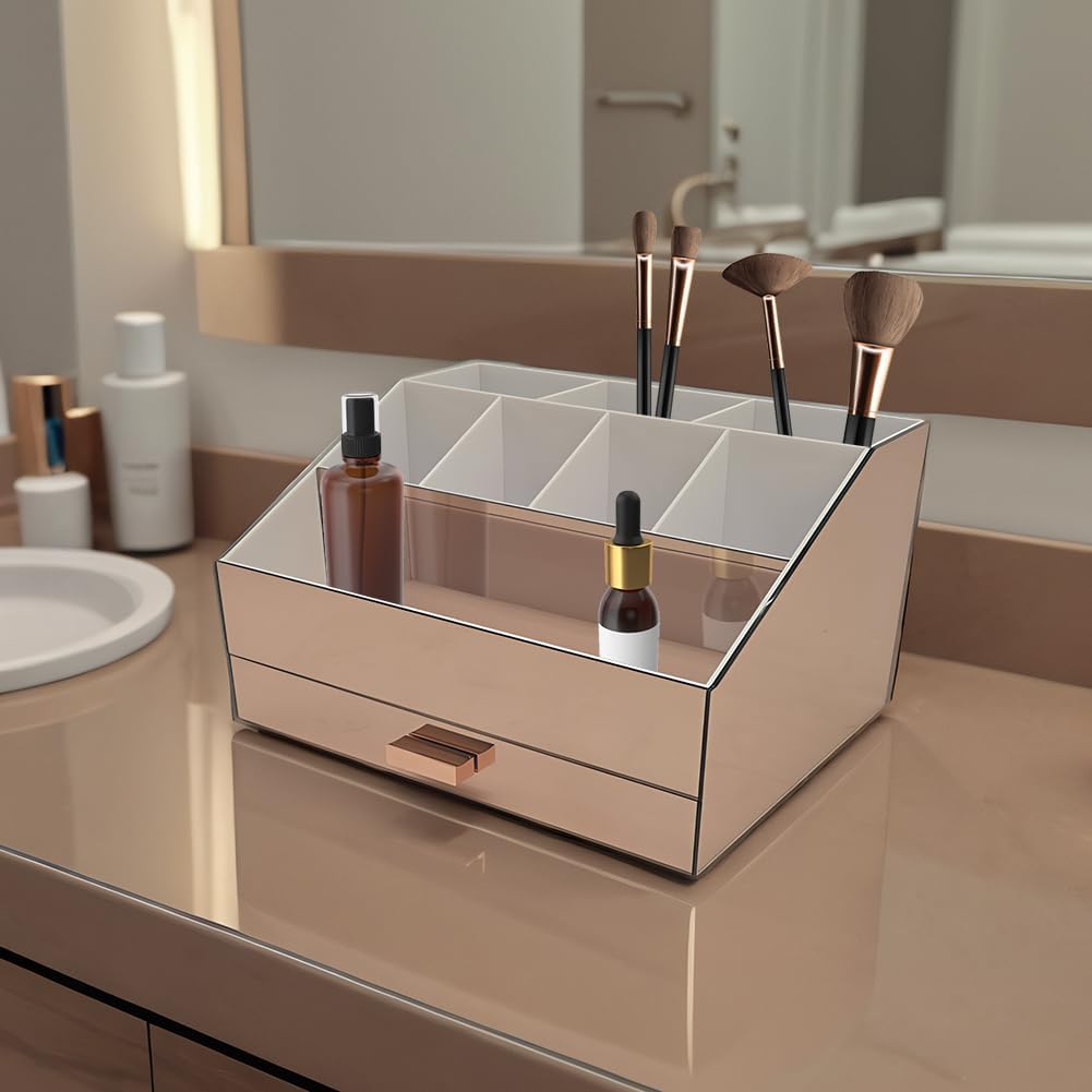 OnDisplay Sela Large Drawer Tiered Mirrored Acrylic Makeup/Jewelry Organizer - Mirror Panel Organization Station for Cosmetics, Jewelry or Office/Desk Supplies (Rose Gold)