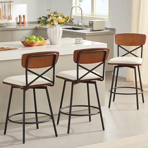 MILCIL Swivel Counter Height Bar Stools with Back, Upholstered Farmhouse Barstools Set of 3 for Kitchen Island, 26" Seat Height, Wood Frame & Metal, Linen Cream Cover