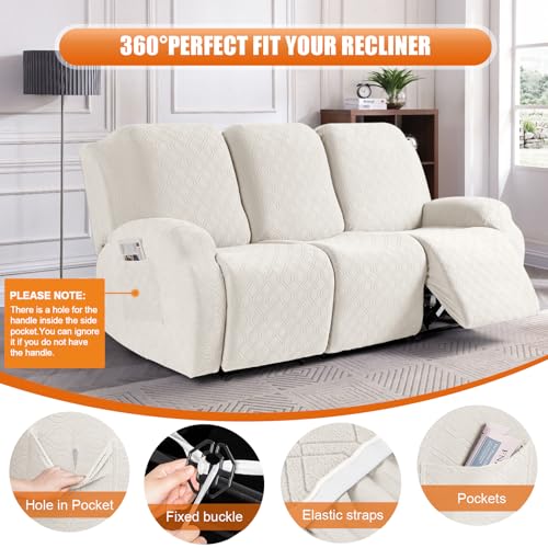 Image of VANSOFY Recliner Cover, 3-Pieces Stretch Reclining Couch Covers with Pockets Reclining Sofa Slipcovers 3 Seater Soft Washable Furniture Protector for Dogs Cats(Off White)