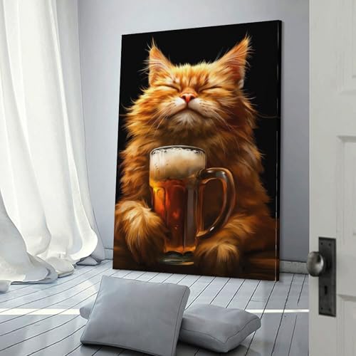 Peinture moderne chat et bière pour égayer un mur de chambre blanc