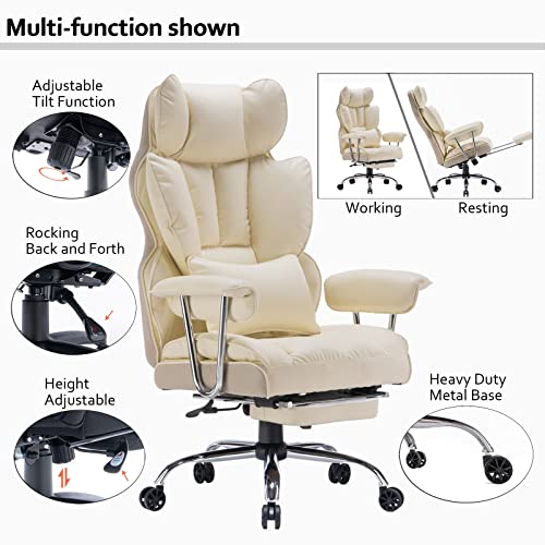 Efomao Sedia da ufficio,sedia da ufficio ergonomica in pelle PU,sedia da ufficio 150kg,sedia girevole regolabile con poggiapiedi e supporto lombare,Sedia da ufficio beige