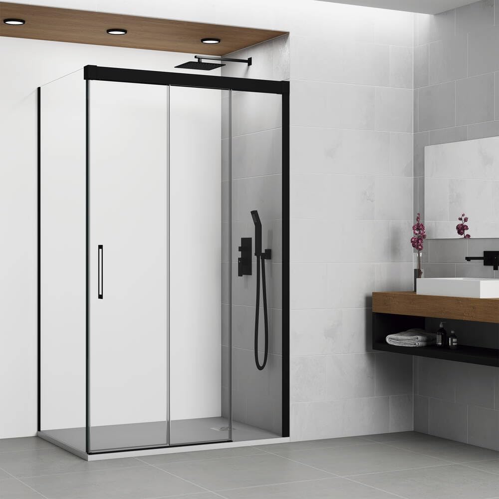 IMEX przegroda prysznicowa przednia 1 stała + 2 przesuwne 115 cm + 80 cm panel boczny stały czarny | parawan o regulowanej szerokości i wysokości 195 cm | hartowane szkło hartowane 6 mm antywalienne