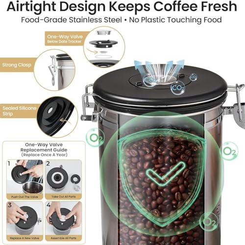 Image of Container for Ground Coffee, Coffee Beans - Coffee Canister 1200 ml, 1800 ml with Built in Valve Stainless Steel Airtight with Scoop, Storage for Beans, Grounds, Tea, Sugar (Set of 2)