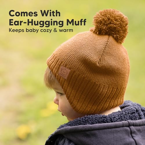 Image of Baby Beanie Winter Hat 6-36 Months - Cute Pom Winter Baby Hats with Earflaps, Soft & Stretchy Knit Toddler Beanies for Infant, Newborn 6-36 Months Boys, Girls, Cozy, Warm Fall Essentials (Latte, M)