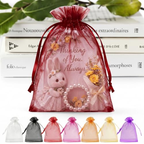 Image of ANZNKU 100 PCS Organza Bags 5 x 7, Burgundy Small Mesh Gift Bags Drawstring