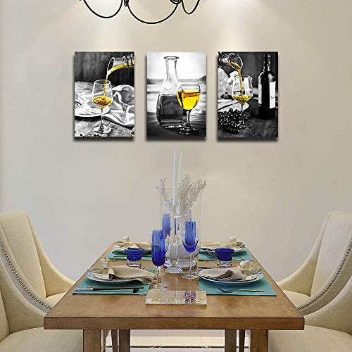 Kitchen Wall Art For Dining Room,Wine Painting Artwork Poster Black White Canvas Yellow Wine In Cups Pictures For Home Decorations #TOP5