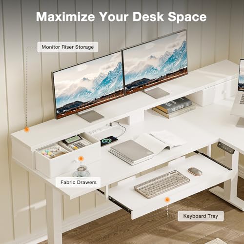 Image of Casaottima 59 Inch Electric L-Shaped Standing Desk with Drawers, Height Adjustable Stand Up Corner Desk with Monitor Stand & Keyboard Tray, Lift Table for Home Office, Workstation, White