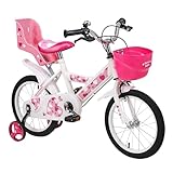 Baroni Toys Bicicletta Bambine Rosa con Design Sile Cuori con Ruote Tassellate, Porta Bambola e Rotelle Incluse, Bici Bambini da 4 a 7 Anni in Acciaio con Cestino, Rosa, Cuori, Misura 14"