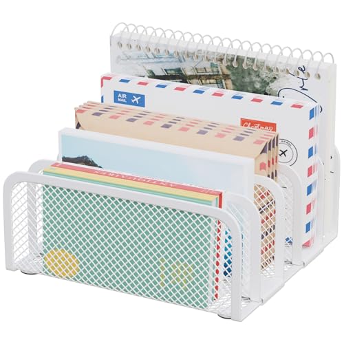 GDINDINFAN Mail Organizer Countertop, Metal File Holder with 5-Slot, Small Desk File Organizer for Letter, Bill, Mail Sorter, Desktop Letter Folder Holders for Office, Home, School (White)