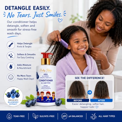 Image of BABY HAIR - Blueberry Mineral Kids Hair Conditioner, Sulfate-Free Toddler Hair Conditioner, Hair Conditioner for Kids with Blueberry & Strawberry Oil, Aloe Vera, and Biotin, 10 fl.oz
