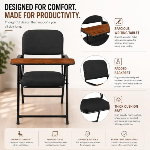 Image of Study Chair for Home with Writing Pad, Cushioned Seat & Backrest, Sturdy Metal Frame, Chair for Students, Reading, Writing & Study Room, Black