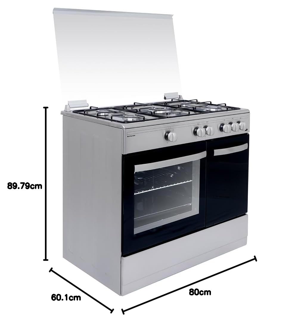 Aspes Cocina Gas Butano 5 Zonas de Cocción, Horno 62 L, Inox AKGW5900PBX. Control Manual, Quemador WOK triple llama, 2 Programas de Cocción, Compartimento Bombona, Tapa Abatible