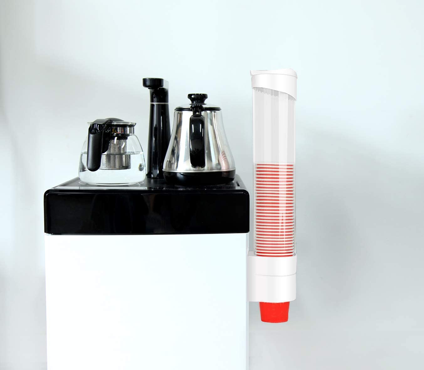 N／A Dispenser per bicchieri d'acqua a parete con bottone One Touch Dispenser per bicchieri in plastica anti-polvere, per bicchieri di carta, coni di carta biodegradabili, 7,5 cm, 50 tazze (bianco)