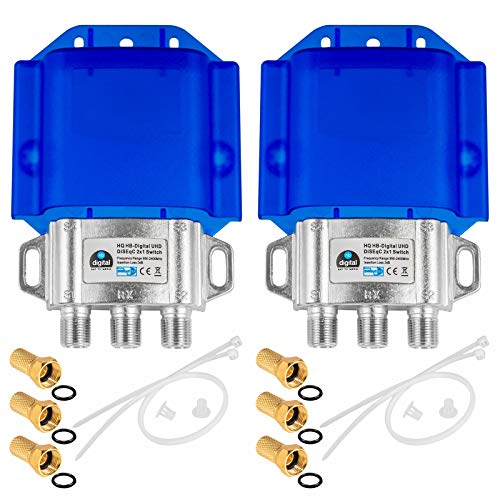 2 interruptores HQ DiseqC 2/1 con carcasa de protección contra la intemperie HB DIGITAL 2 x SAT LNB 1 x participante/receptor para Full HDTV 3D 4K UHD + 6 x conectores F chapados en oro