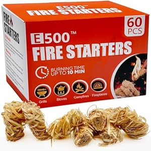 E500 Fire Starter – Natural Fire Starters for Fireplace, Campfires, Chimney, BBQ, Fire Pit & Wood Fireplace – 60 Pack Odorless Pine Firestarter, Charcoal Starter for Grill