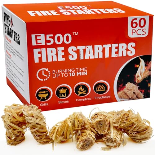 E500 Fire Starter – Natural Fire Starters for Fireplace, Campfires, Chimney, BBQ, Fire Pit & Wood Fireplace – 60 Pack Odorless Pine Firestarter, Charcoal Starter for Grill