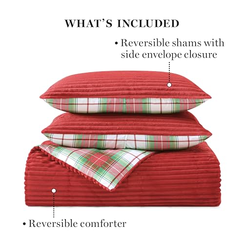 Image of Martha Stewart - King Comforter Set in Red, Reversible, Cute, Wide Corduroy Plaid Bedding Set - 3 Pieces - All Seasons, Lightweight, Fluffy with 1 Comforter, 2 Pillow Shams,