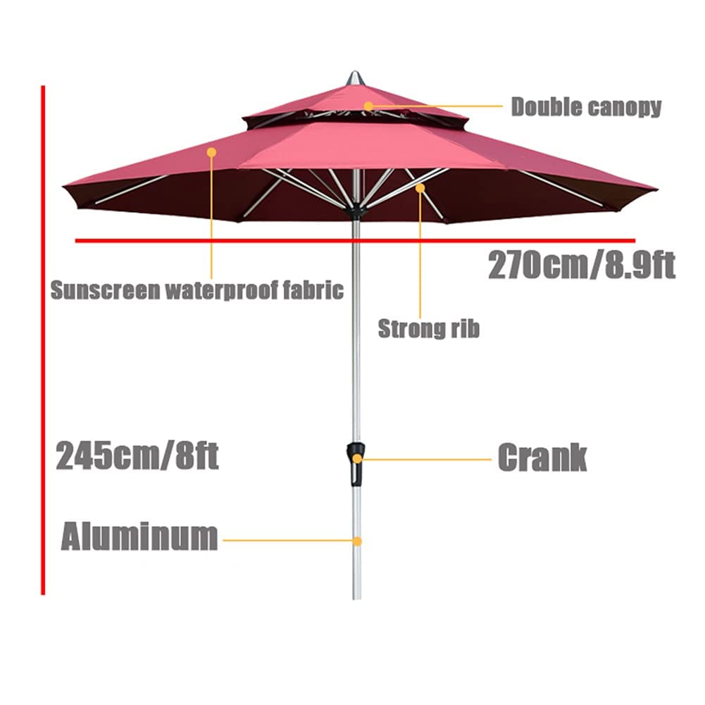 Ombrellone da Giardino, Ombrellone da Giardino in Alluminio per Porte Esterne Ombrellone da Tavolo con Manovella 270 cm/9 Piedi, 8 Stecche/Tettuccio a 2 Livelli/Impermeab