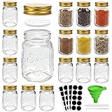 Contenu de l'emballage : 15 mini pots à épices Mason en verre de 118 ml, 15 couvercles shaker, 15 bouchons en métal doré et 40 étiquettes noires vierges pour pot à épices, 1 marqueur à craie, 1 entonnoir pliable en silicone et 1 pinceau