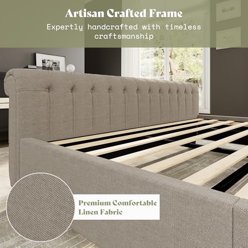 Image of AMERLIFE Queen Size Platform Bed Frame, Linen Upholstered Sleigh Bed with Scroll Wingback Headboard & Footboard /Button Tufted /No Box Spring Required /Khaki