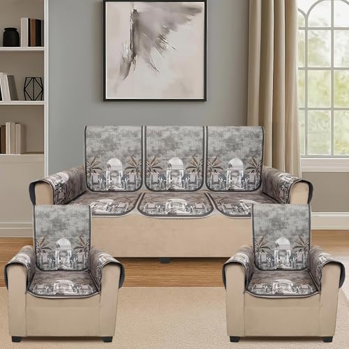 Image of Velvet 3 Seater Sofa Cover with 6 Seat and Back Covers, 2 Hand Rest Covers - Elephant dome Design - Washable Fabric - Stylish Sofa Cover for Modern Living Room (Brown, 3 Seater With Arm Covers)